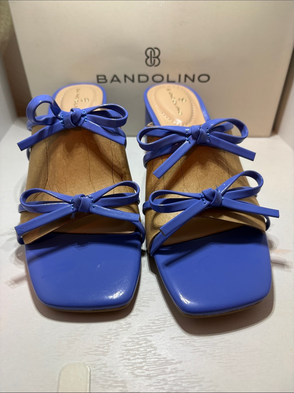 Bandolino Margil 3 Patent Bow Slide Mules in medium Blue